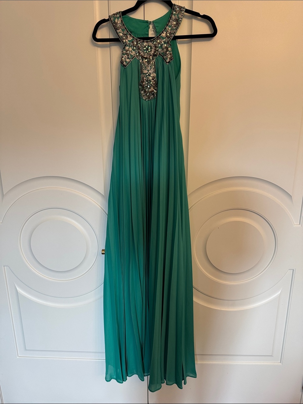 BCBGMaxAzria Teal Halter Maxi Dress with Jeweled Neckline